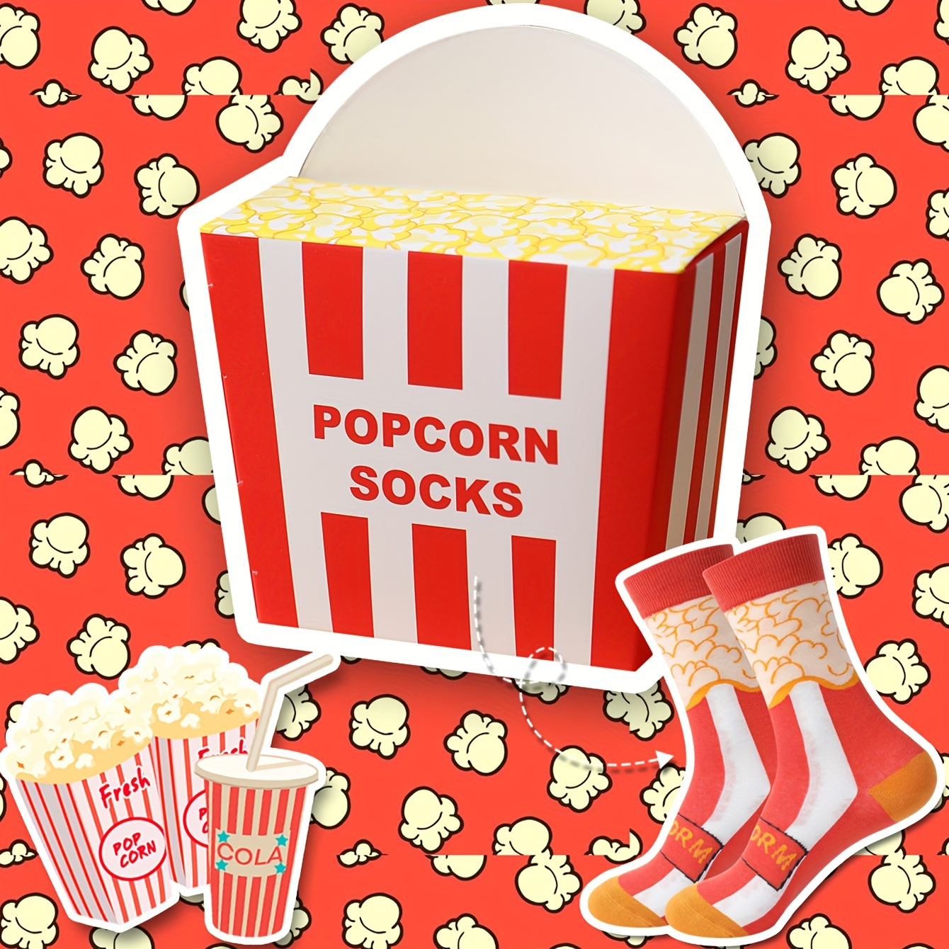 

1 Pair Novelty Popcorn Pattern Socks, Funny Street Style Unisex Party Short Socks With Gift Box, Women's Stockings & Hosiery