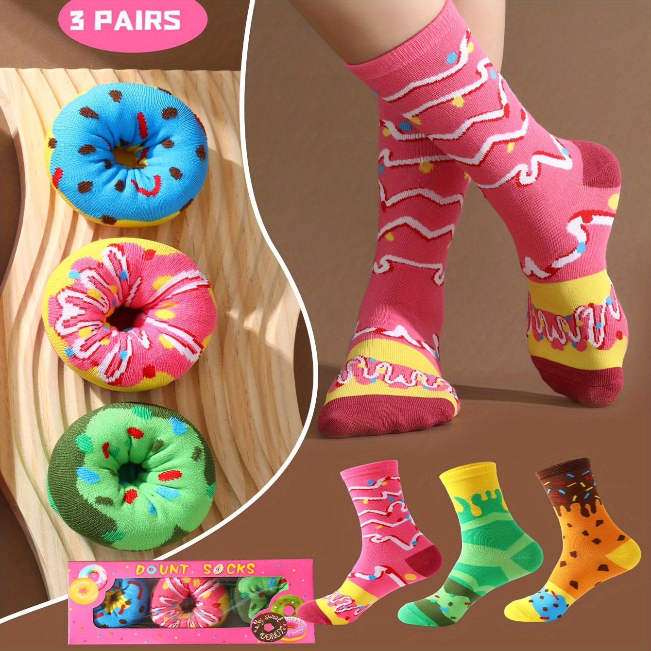 

Lot de 3 Chaussettes Donut Fantaisie - Respirantes & Confortables, Parfaites pour Halloween, Noël & Cadeaux de Saint-Valentin | Colorées pour Toutes les