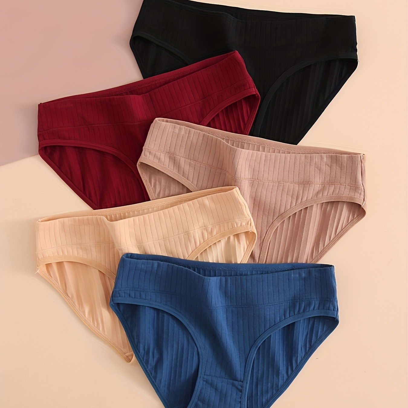 

5pcs Ribbed Solid Briefs, Comfy & Soft Stretchy Intimates Panties, Women's Lingerie & Underwear