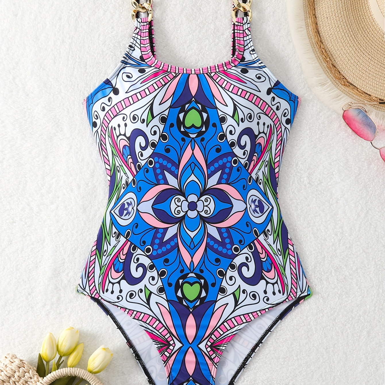 

Tribal Style Allover Print Chain Backless One-piece Swimsuit, High Cut Scoop Neck High Cut Boho Bathing Suits, Women's Swimwear & Clothing