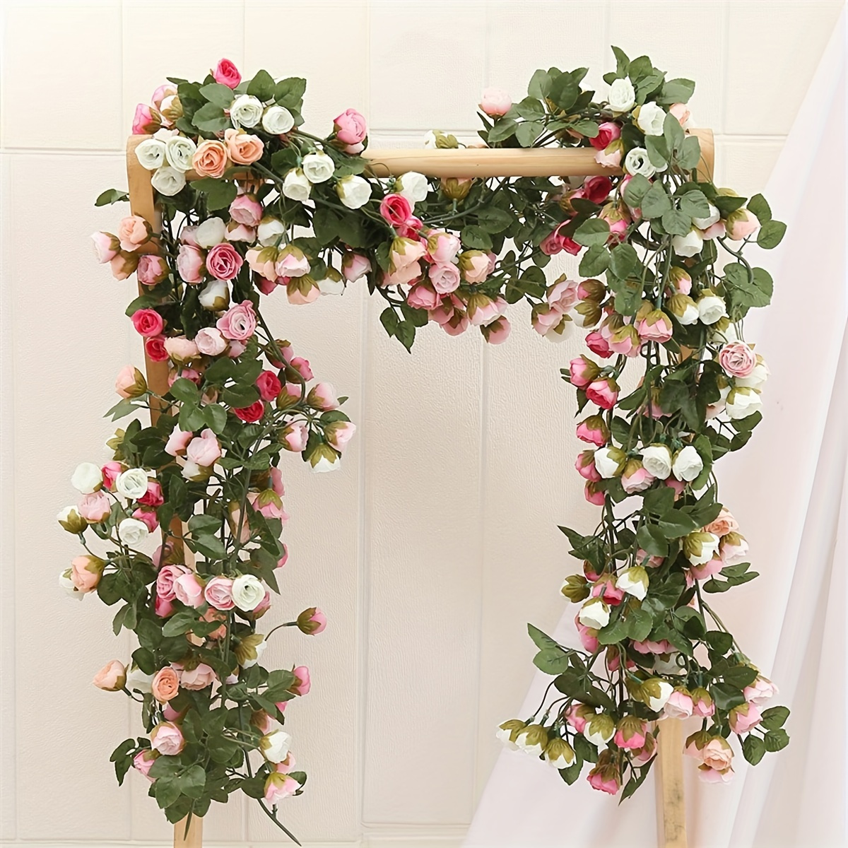 

1pc 66 Heads Artificial Rose Flower Garland, Faux Roses Garland Vines With Fake Flower And Leaves, Lifelike Plant For Wedding Arch Arrangement Party Garland For Hotel Living Room Home Decor