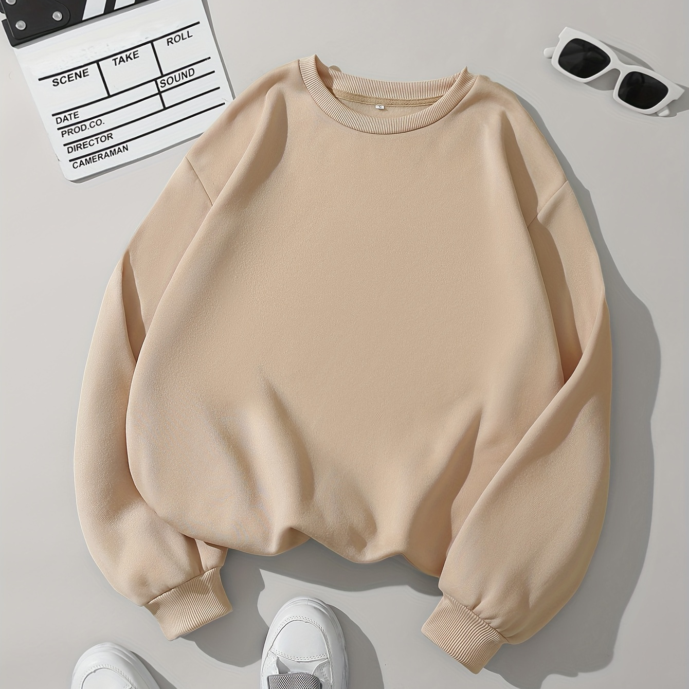 Women's Casual Long-Sleeved Sweatshirt,  Solid Color Loose Crew Neck Active Pullover Sweatshirt, Women's Clothing