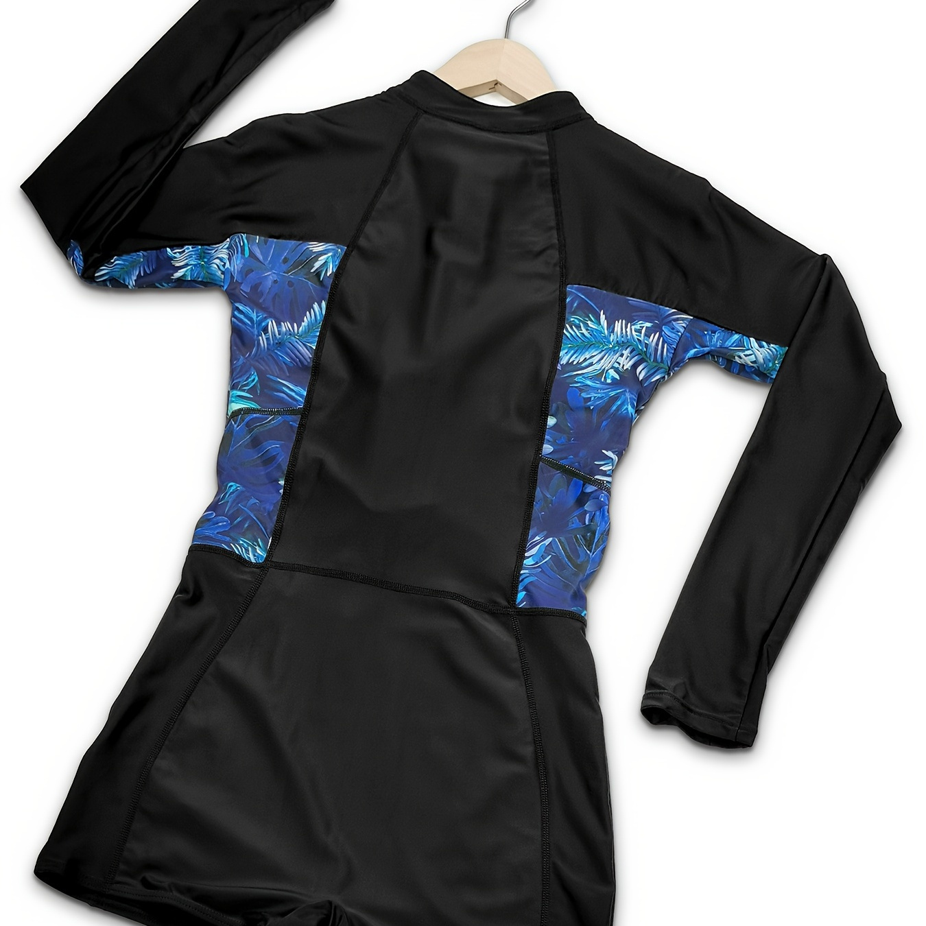 

Long Sleeve Zipper 1 Piece Swimsuit, Leaf Print Rash Guard Surfing Suit, Boxer Short Stretchy Round Neck Bathing Suit, Women's Swimwear & Clothing