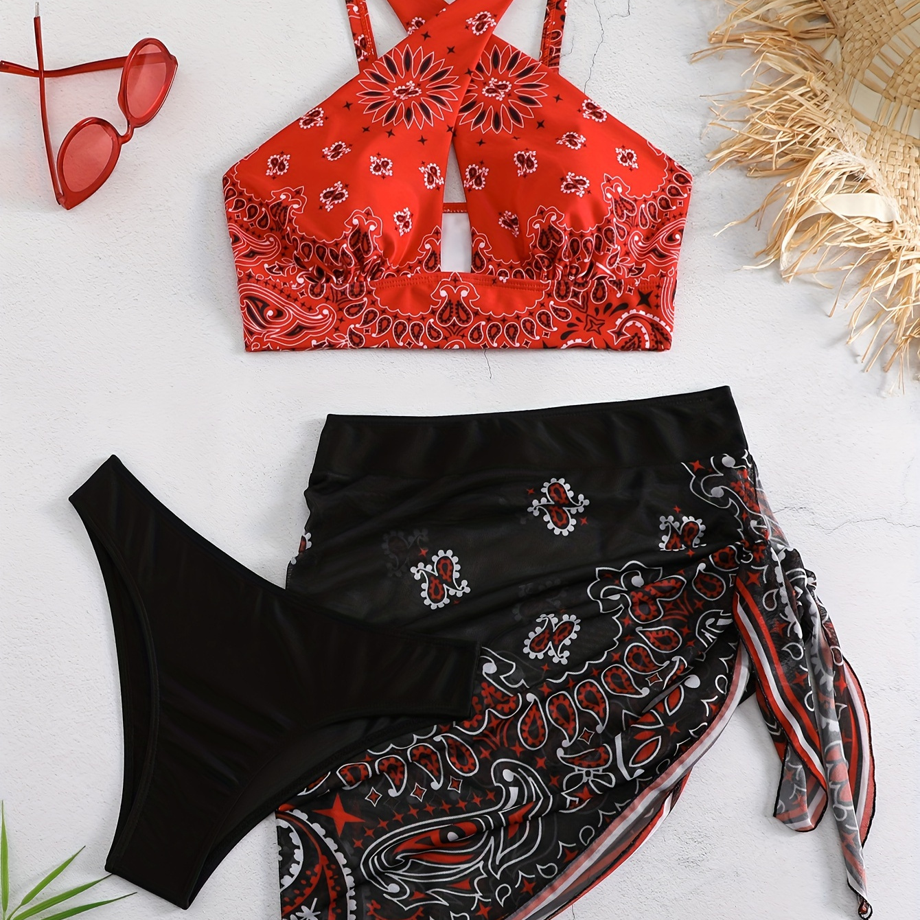 

Paisley Floral Print Criss Cross Hollow Out 3 Piece Set Beachwear, High Stretch Red Knot Side Swimsuits, Women's Swimwear & Clothing