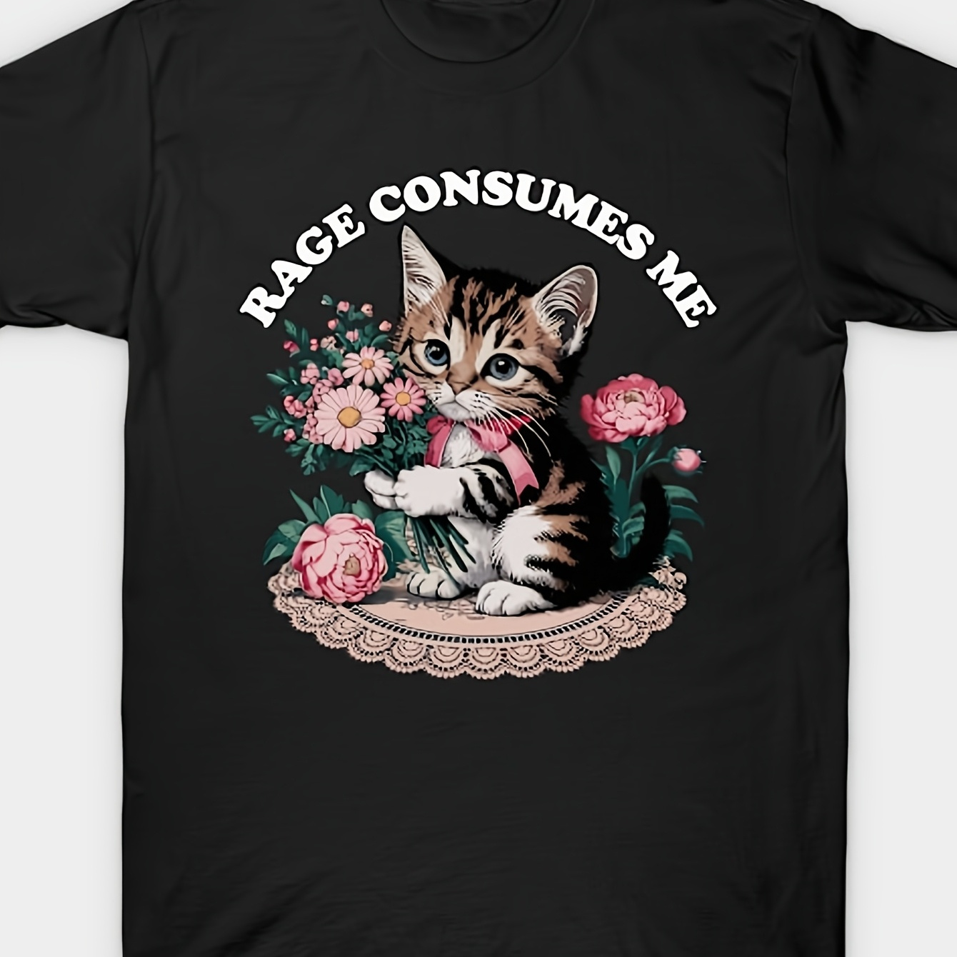 

Consumes Me Cat Flower Cute Meme T-shirt =trendy Loose Design Anime Print Pure Cotton Retro Round Neck Men's Short Sleeved T-shirt 220g