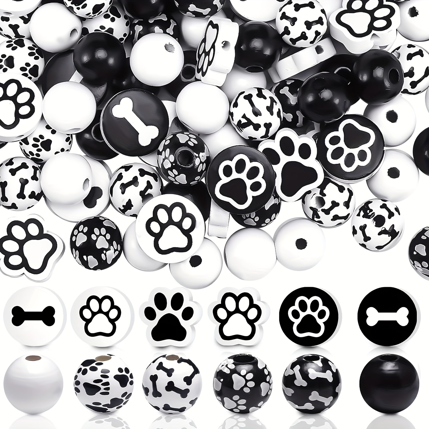 

70pcs Paw Wooden Beads, Dog Paw Cat Paw Footprint Beads, Vintage Black White Cute Spacer Beads Pendant For Jewelry Making, Diy Craft Party Home Decor Keychain Accessories
