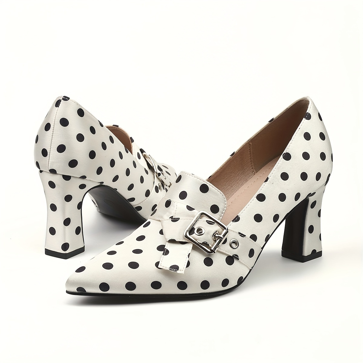 

Women's Polka Dot Pointed Toe Pumps, Strappy Heels With Metallic Buckle, Versatile Vintage Preppy Fashion Shoes