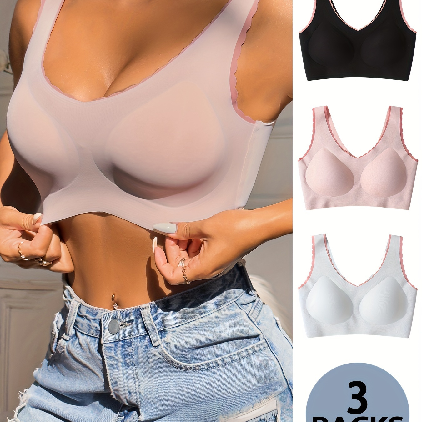 Contrast Lace Wireless Bras Comfy Breathable Scallop Trim - Temu