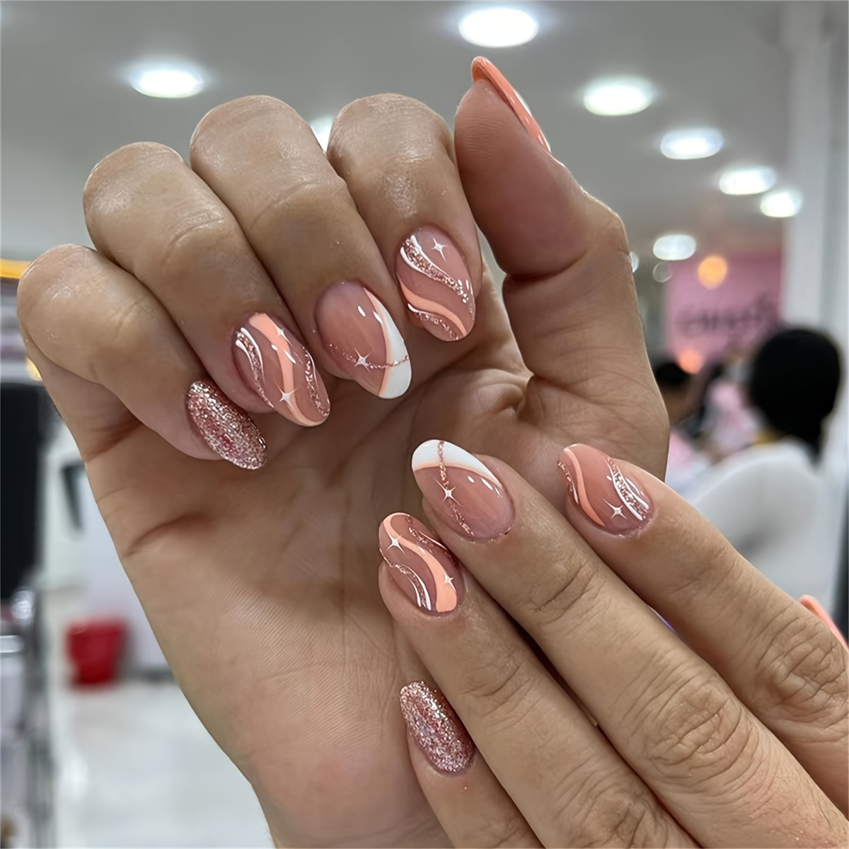 

24pcs Short Almond Shape Press On Nails, Fake Nail With Wave Design Glitter Powder Decor, Glitter Full Cover Nails For Women