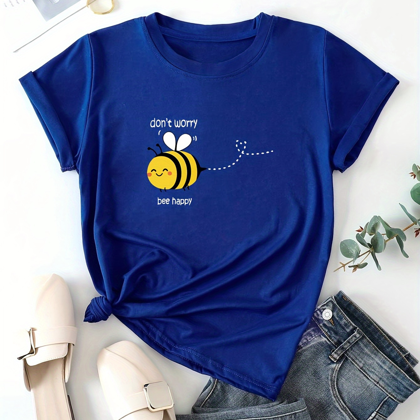 

Cute Bee & Letter Print Casual T-shirt, Round Neck Short Sleeves Pullover Sports Tee, Women's Tops