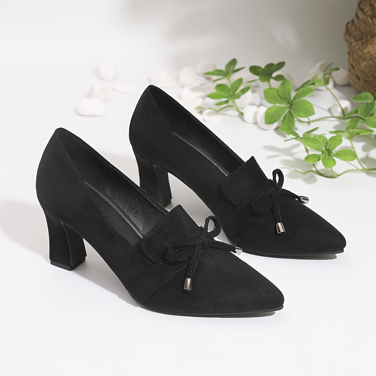 

Chic Women's Bowknot Pumps - Fashionable Pointed Toe, High Block Heel Dress Shoes With Velvet Upper & Faux Cover Lining