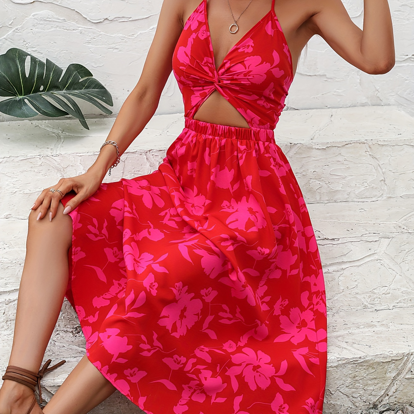 

Floral Print Halter Neck Dress, Vacation Cut Out Sleeveless Maxi Dress, Women's Clothing