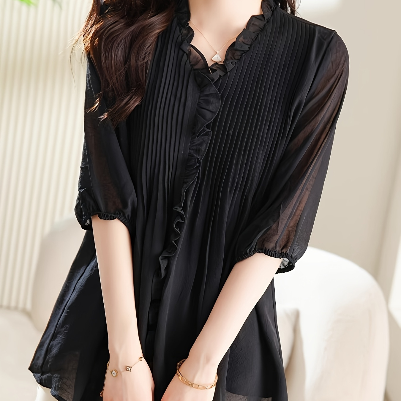 

Solid Color V-neck Blouse, Elegant Half Sleeve Loose Pleated Top For , Women's Clothing