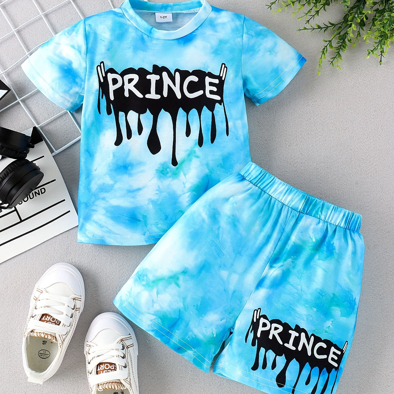 

2pcs Boys Casual Tie Dye Prince Letter Graphic Print Short Sleeve T-shirt & Shorts Set, Comfy Summer Boys Clothes