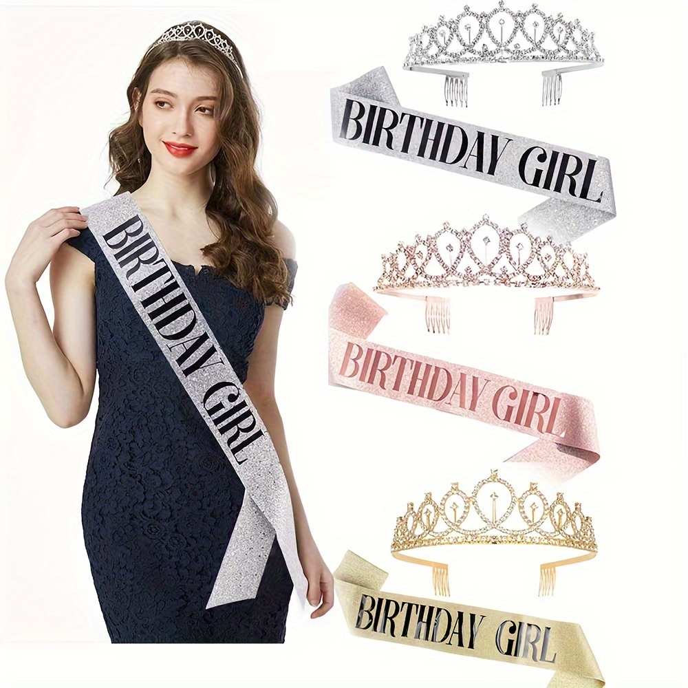 

2pcs/set Birthday Party Supplies Birthday Girl Queen Rhinestone Crystal Crown Tiara Sparking Glitter Sash Easter Gift