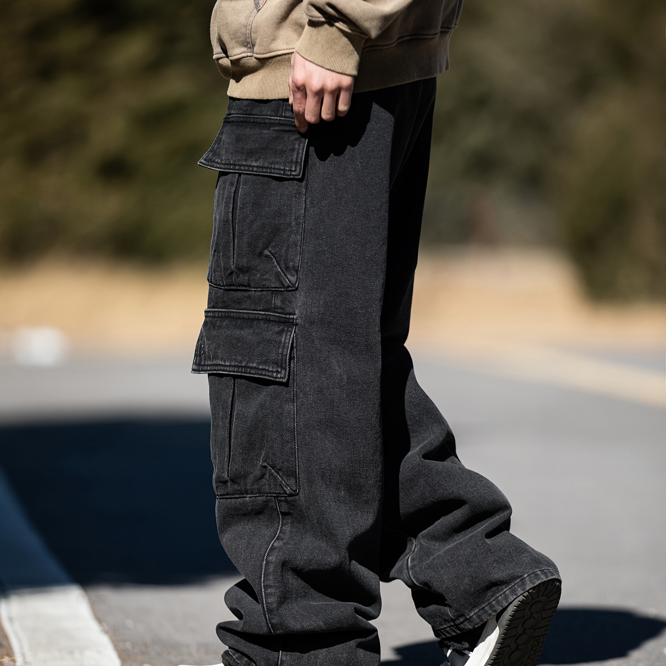 

Men's Solid Cargo Pants With Multi Pockets, Causal Cotton Blend Trousers For Outdoor Activities K-pop