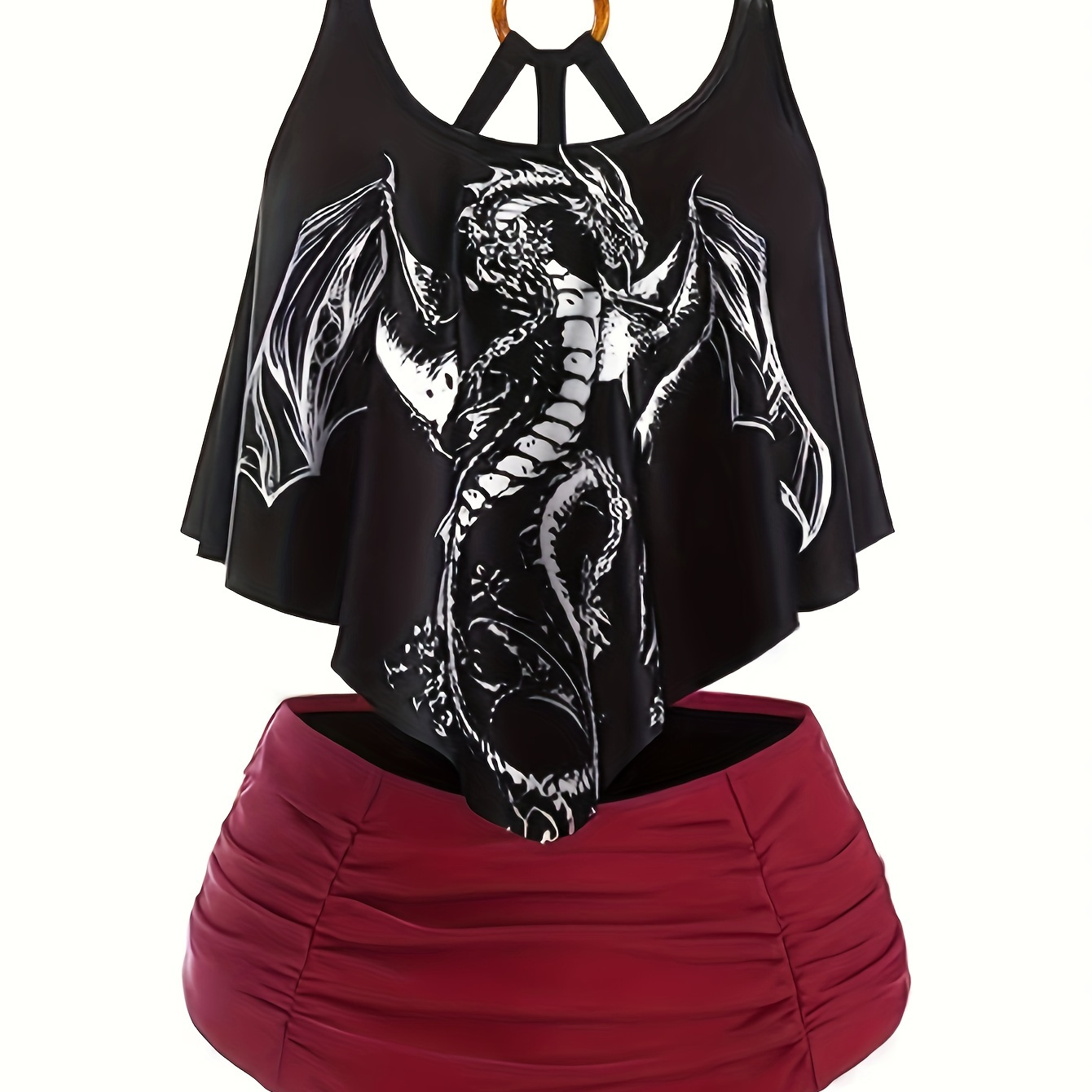

Dragon Print Ring Strappy Black & Burgundy Red 2 Piece Set Tankini, High Waist Ruched Ruffle Hanky Tummy Control Swimsuits, Gothic Halloween Costumes, Women's Swimwear & Clothing