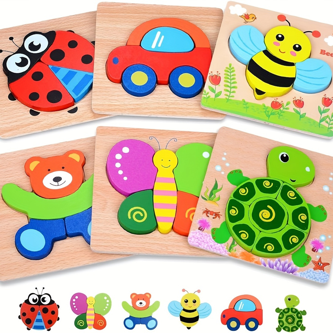 

Wooden Animal Puzzles For Toddlers, Educational Toys Gift, Bright Vibrant Color Shapes Ladybug, Car, Bee, Teddy Bear, Butterfly, Turtle Toys, Toddler Toys Christmas Gift