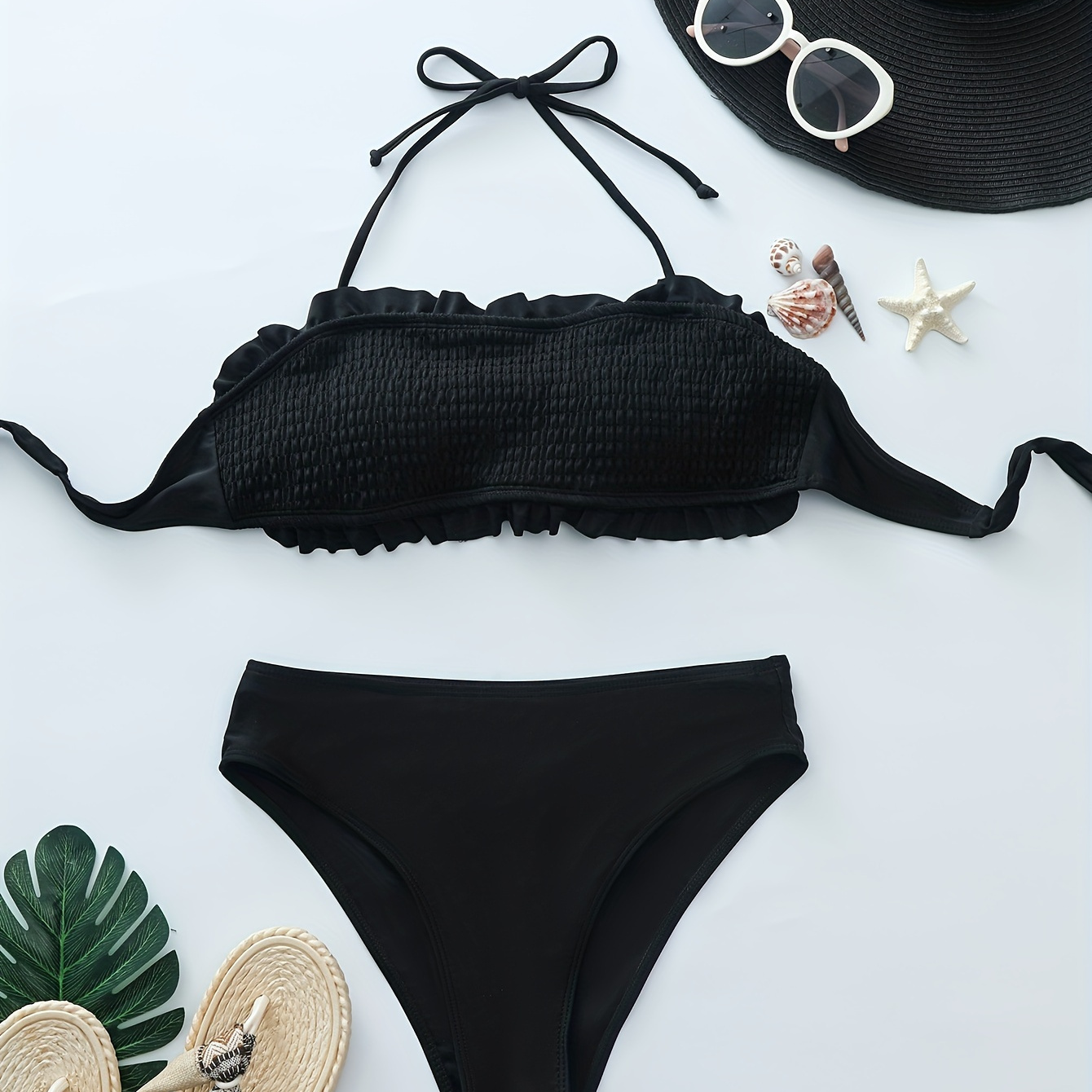

Plain Black Smoked 2 Piece Set Bikini, Halter Tie Neck High Stretch Swimsuits, Women's Swimwear & Clothing