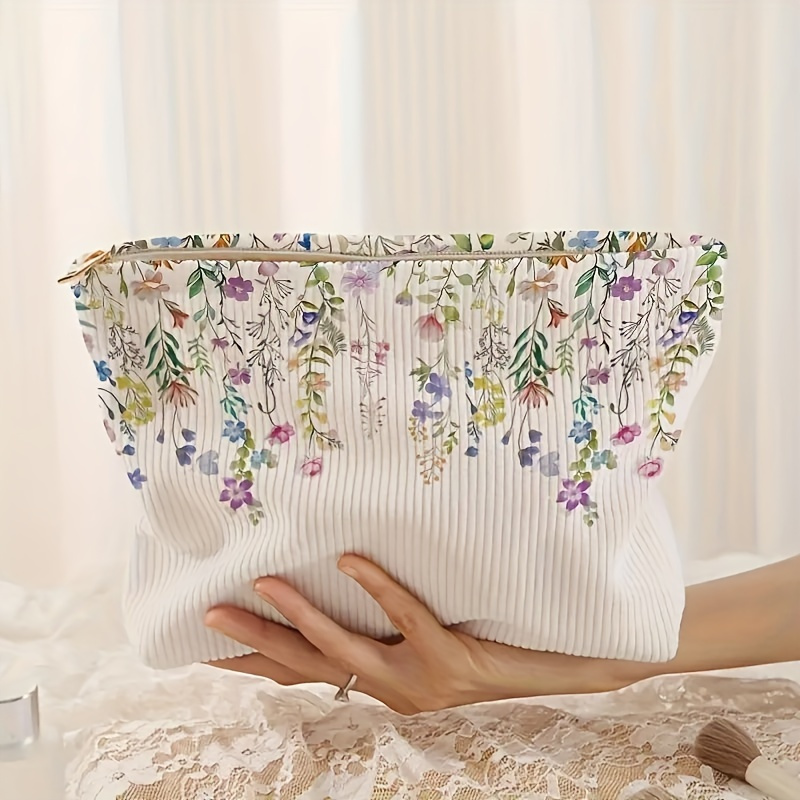

Hand-painted Floral Pattern Printed Corduroy Zipper Storage Bag, Lightweight Makeup Bag, Makeup Bag, Multi-functional Toiletries Bag With Lining