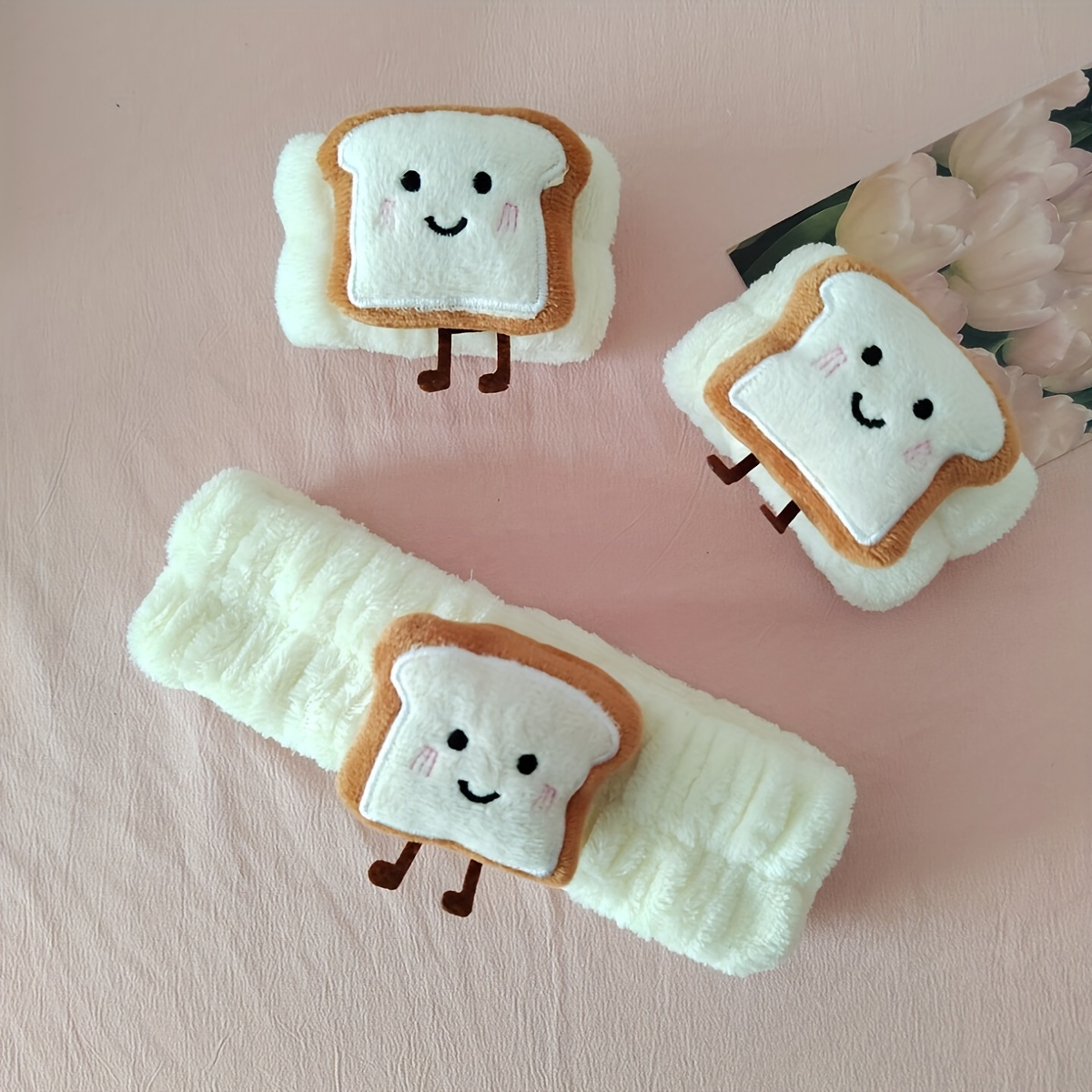 

3pcs/set Creative Face Washing Accessories, Cute Breakfast, Toast, Rice And Vegetable Roll And Hair Band, Sweet Plush Ladies Face Washing Wrist Band