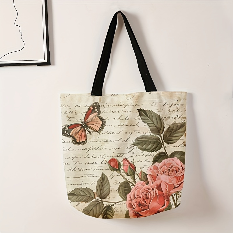 

Butterfly Rose Pattern Printed Casual Tote Bag, Lightweight Grocery Shopping Bag, Aesthetic Shoulder Bag For School, Travel