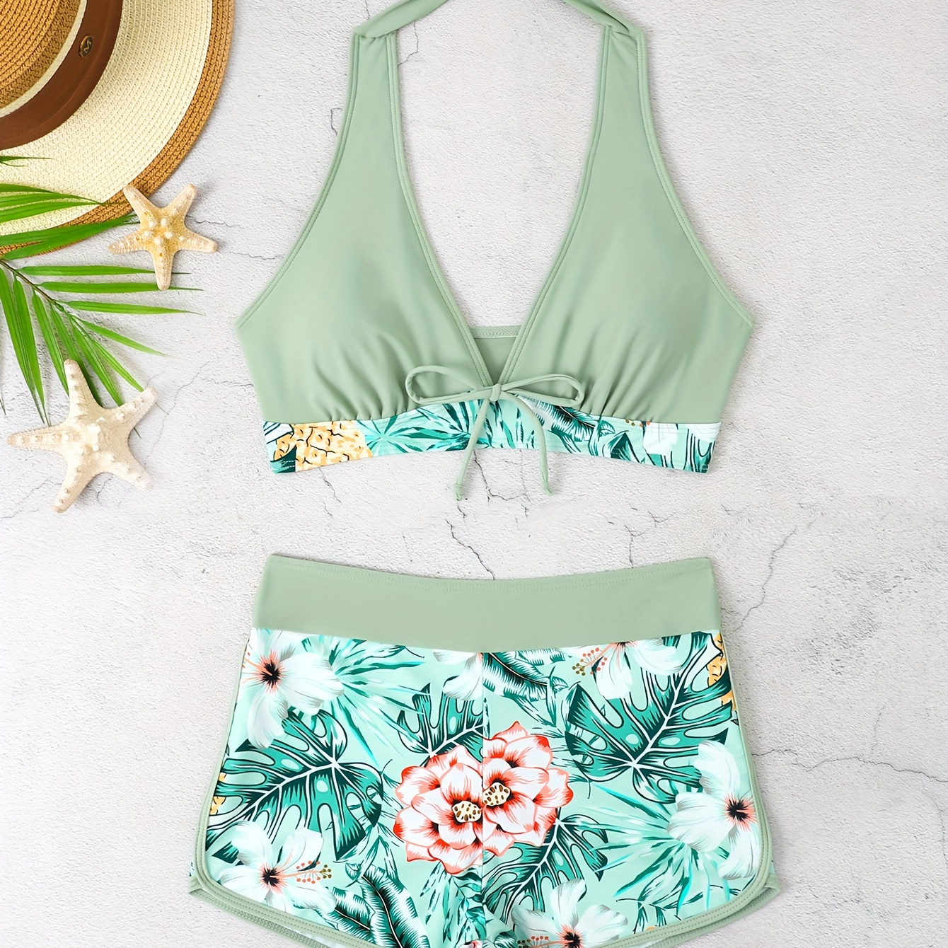 

Green Floral Print Halter Bow 2 Piece Set Bikini, High Waisted Stretchy Backless Comfy Swimsuits, Women's Swimwear & Clothing