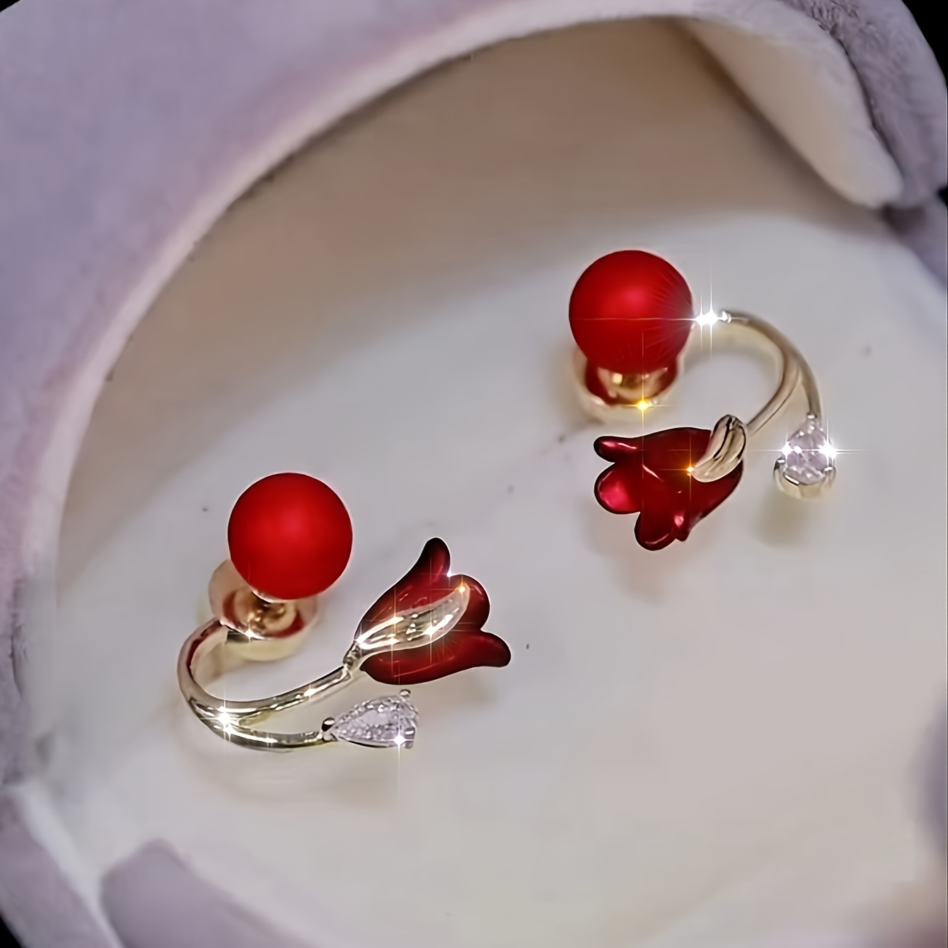 

2pcs Fashion Floral Red Artificial Pearl Earrings For Women, Alloy Hook With Glass Accents, Trendy New Year Party Gift For Girls Over 15 Years Old