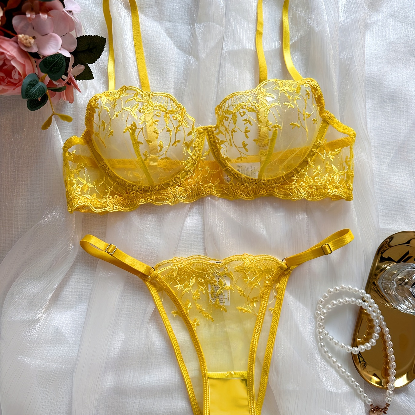  Women's Lingerie 2023 Women's Fun Underwear Sexy Embroidery  Yellow Flower Bra with Steel Ring See Through (Yellow, L) : Clothing, Shoes  & Jewelry