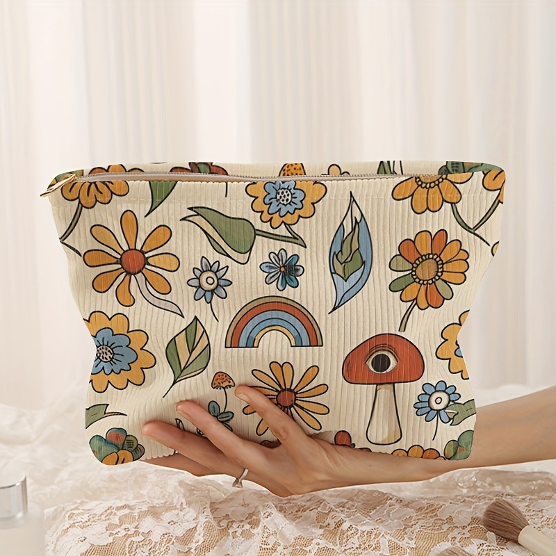 

Chic Floral & Rainbow Mushroom Corduroy Makeup Bag - Lightweight, Multi-functional Cosmetic Pouch With Liner For Travel