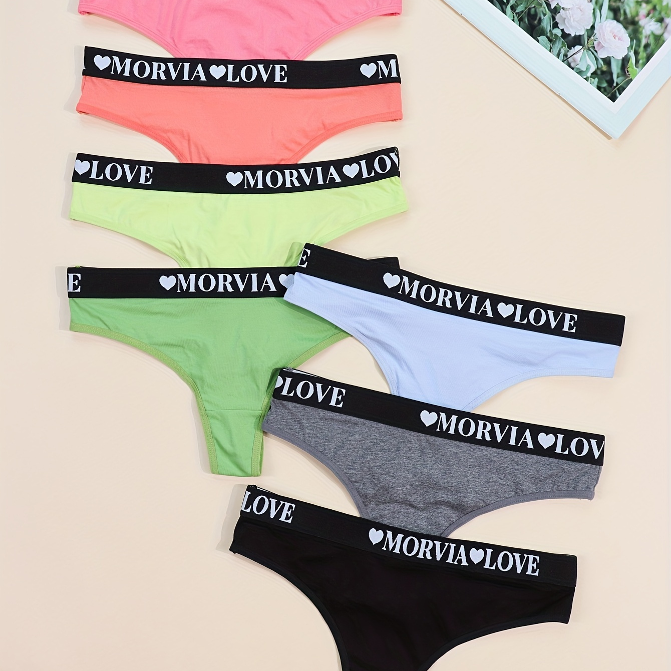 

7pcs Love Letter Tape Colorful Cotton Thongs Panties, & Stretchy & Breathable Low Waisted Things, Women's Lingerie & Underwear