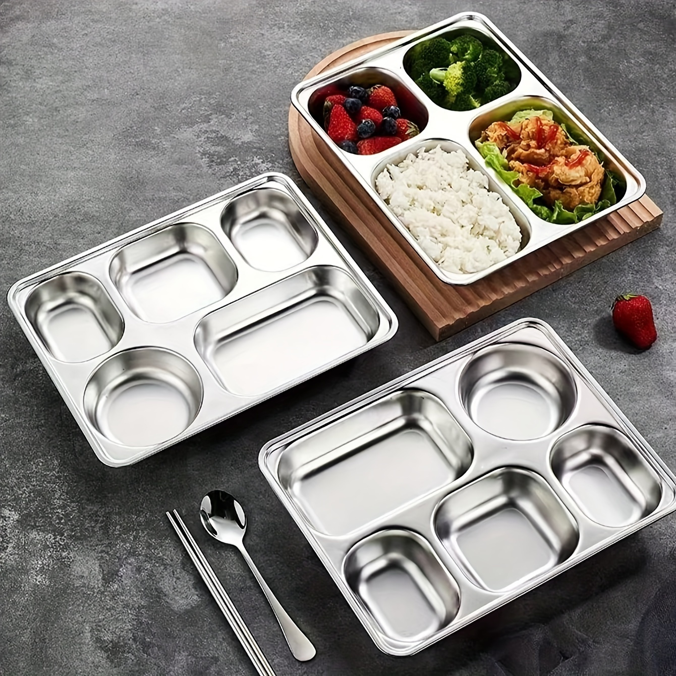 

Stainless Steel With 4 Compartments - , Thickened Design For School & Use, Large Size Serving Tray