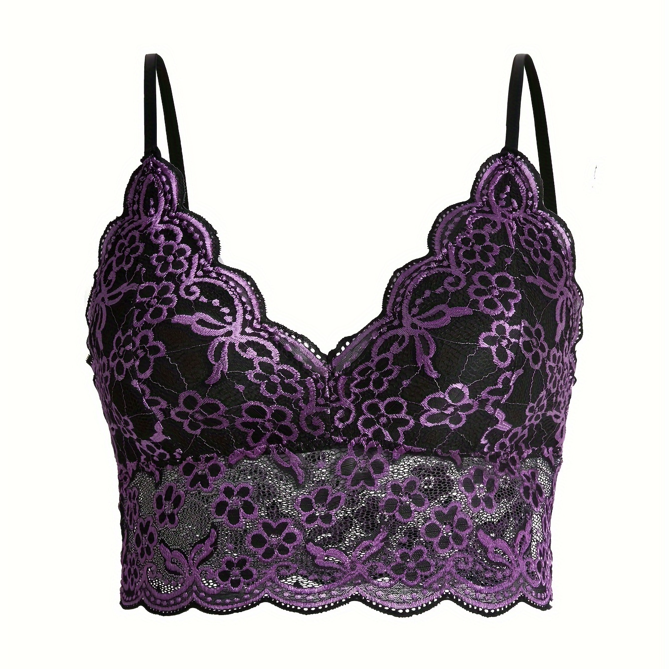 

Women's Plus Sexy Bra, Plus Size Floral Lace Scalloped Trim Semi-sheer Longline Bra