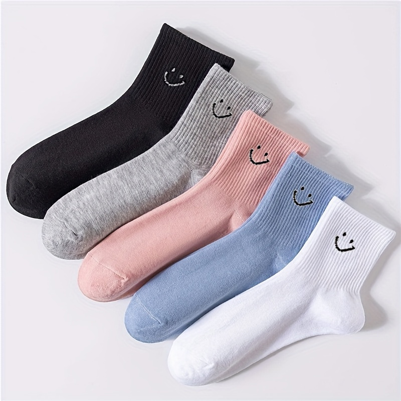 

5 Pairs Smile Face Print Socks, Simple & Comfy Mid Tube Socks, Women's Stockings & Hosiery