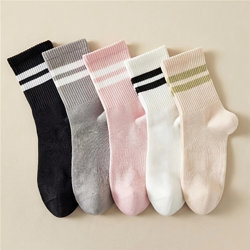 

5 Pairs Of Two-bar Stripes In Multiple Colors For Sports, Fashion And , Comfortable, Breathable, Sweat-absorbent, No-smelly Feet, Anti-pilling, Ladies' Mid-tube Socks