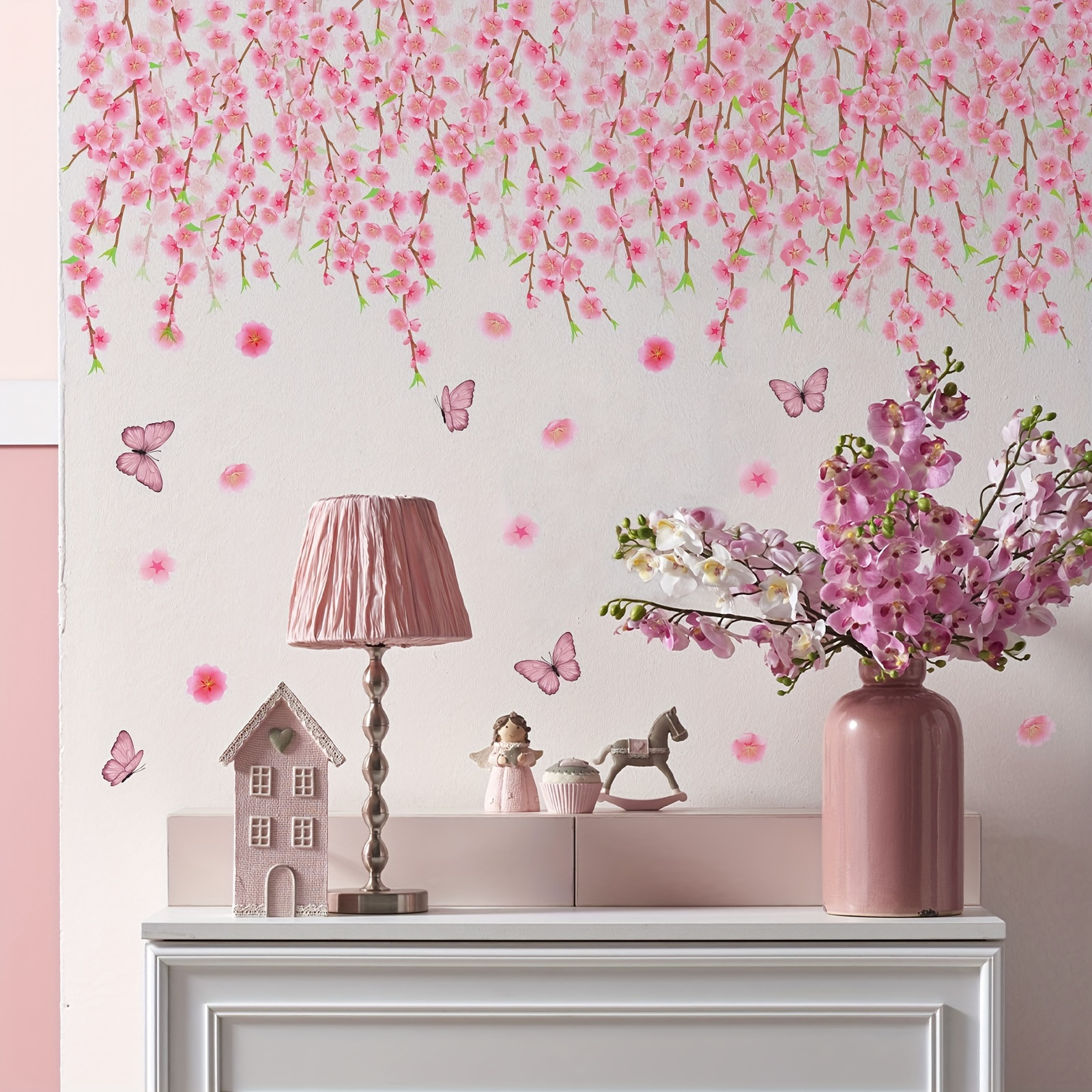 

1pc Pink Butterfly Flower Wall Decal For Living Room Bedroom Home Decor, Removable Self-adhesive Pvc Wall Sticker