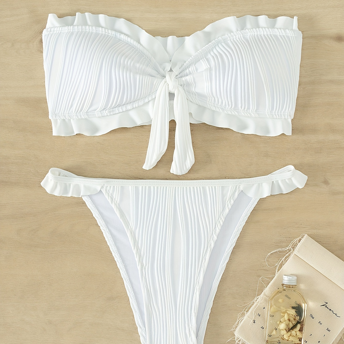 

Texture Fabric Ruffle Knot 2 Piece Set Bikini, Bandeau Plain White Stretchy Swimsuits, Women's Swimwear & Clothing