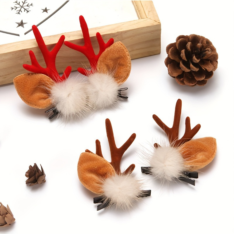 

Christmas Reindeer Hair Clips Set Of 2 - Resin & Iron Alloy Antlers Pins, Party Accessories, Decorations For Teens, Red, Christmas Pattern, Autumn/winter Season