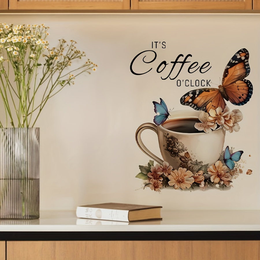 

Contemporary Wall Decal: Coffee Cup With Butterflies And Flowers - 30cm X 30cm - Reusable, Durable, And Self-adhesive