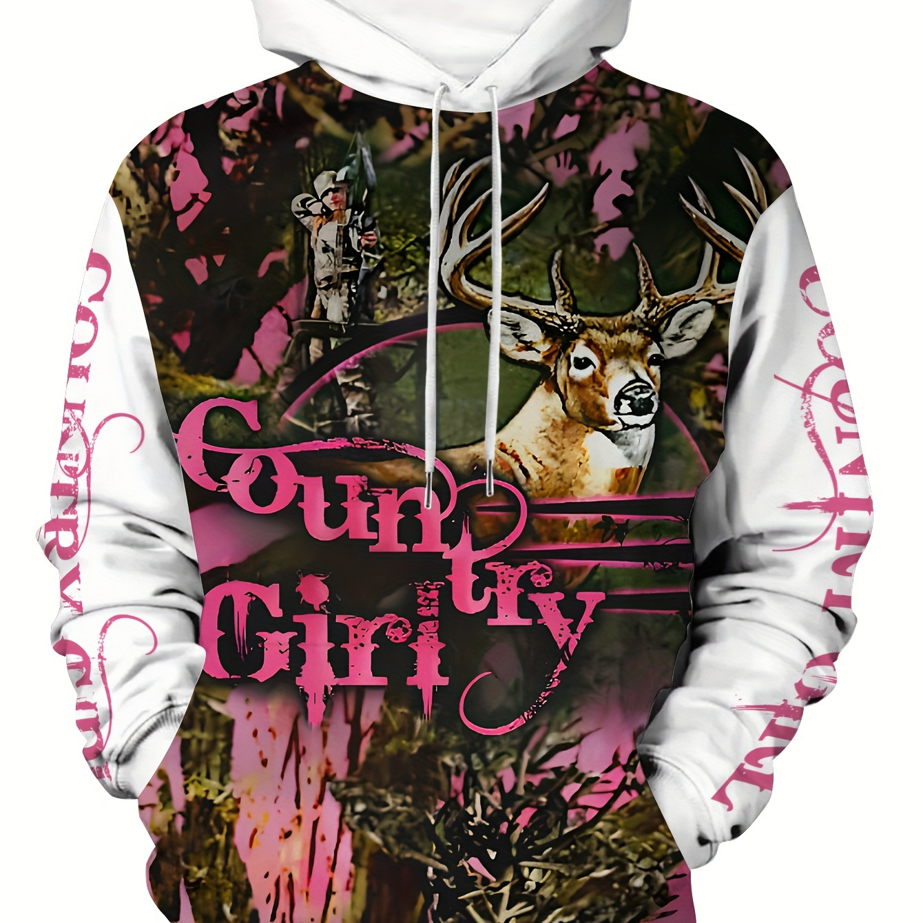 

Men's Casual Deer Print Hoodie With Kangaroo Pocket - Long Sleeve, Polyester, Machine Washable - Fall & Winter