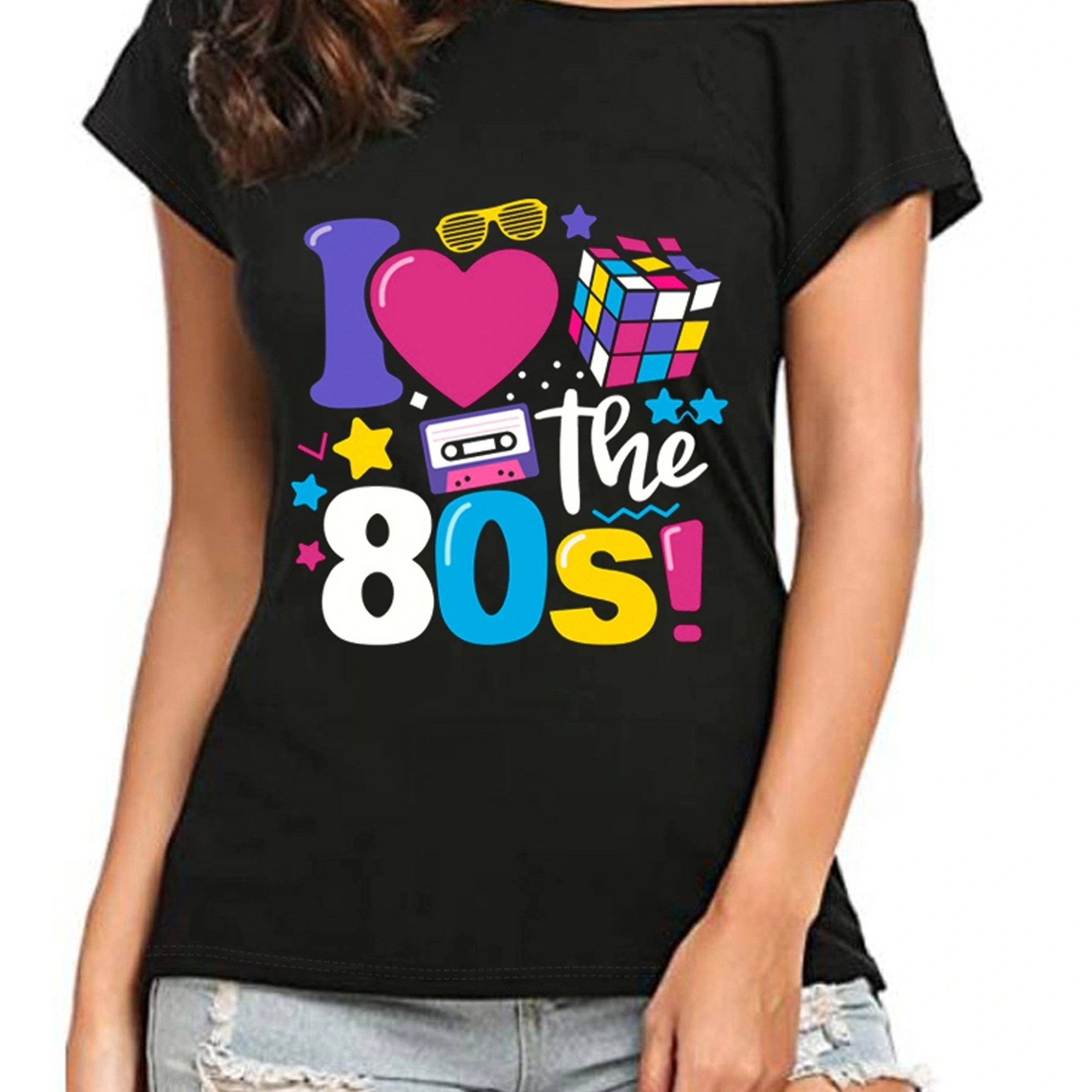 

I Love 80's Print T-shirt, Casual Short Sleeve Slant Shoulder Top For Spring & Summer, Women's Clothing
