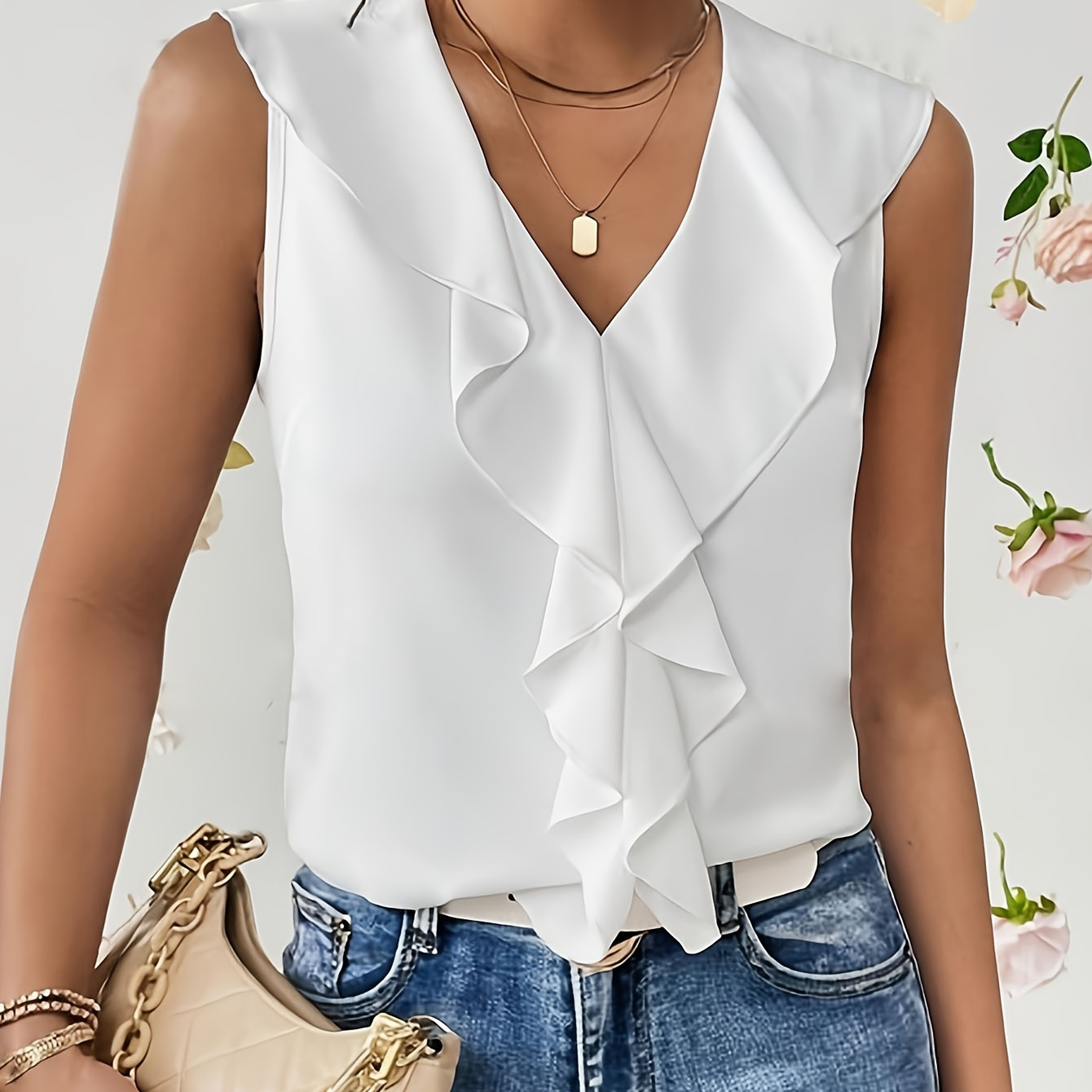 

Ruffle Trim V Neck Blouse, Elegant Solid Sleeveless Top For Spring & Summer, Women's Clothing