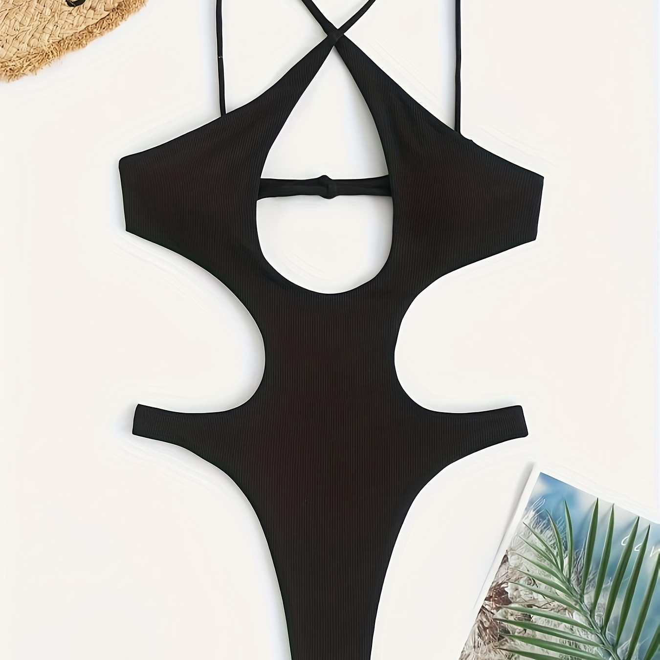 

Criss Cross Rib Knit Tie Back Monokini One-piece Swimsuit, Hollow Out High Cut Stretchy Plain Bathing Suits, Women's Swimwear & Clothing