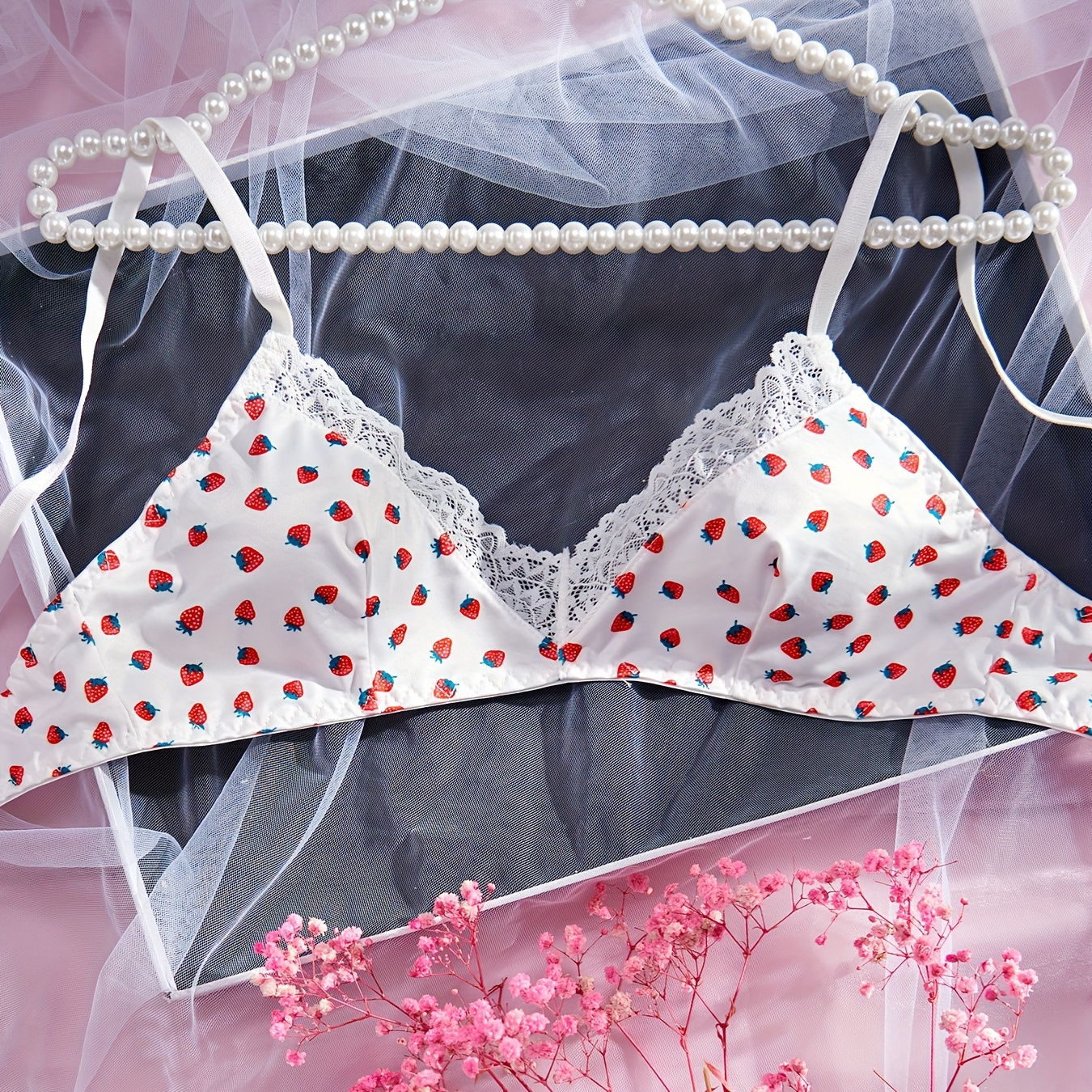 Strawberry Print Push Up Bra, Comfy & Breathable Front Buckle Bra, Women's  Lingerie & Underwear