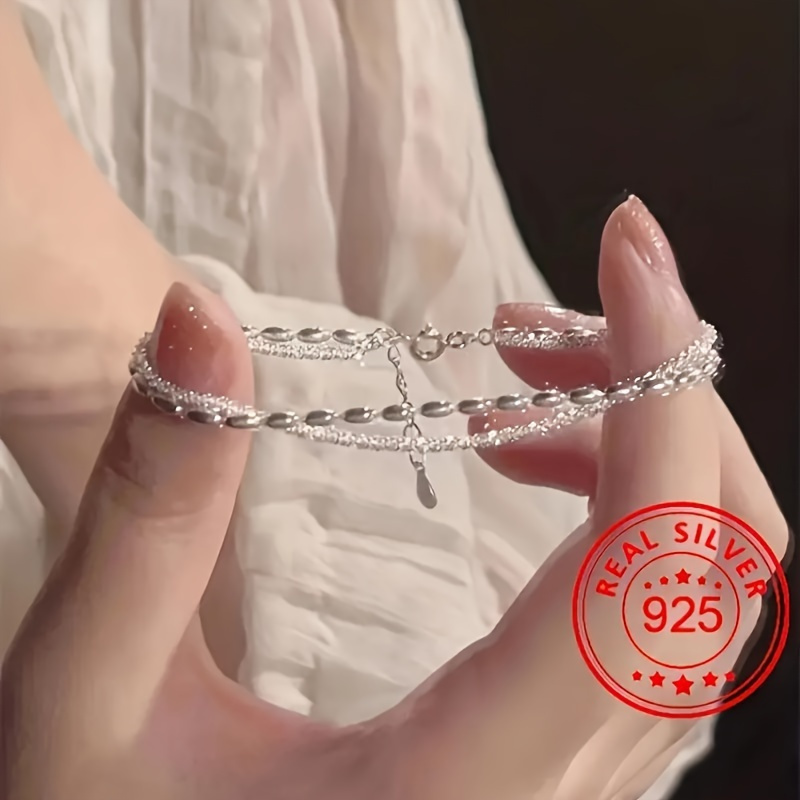 

S925 Sterling Silver Chain Bracelet, Double Layer Rice Bead Bracelet Elegant Sparkling Hand Jewelry Gifts For Women