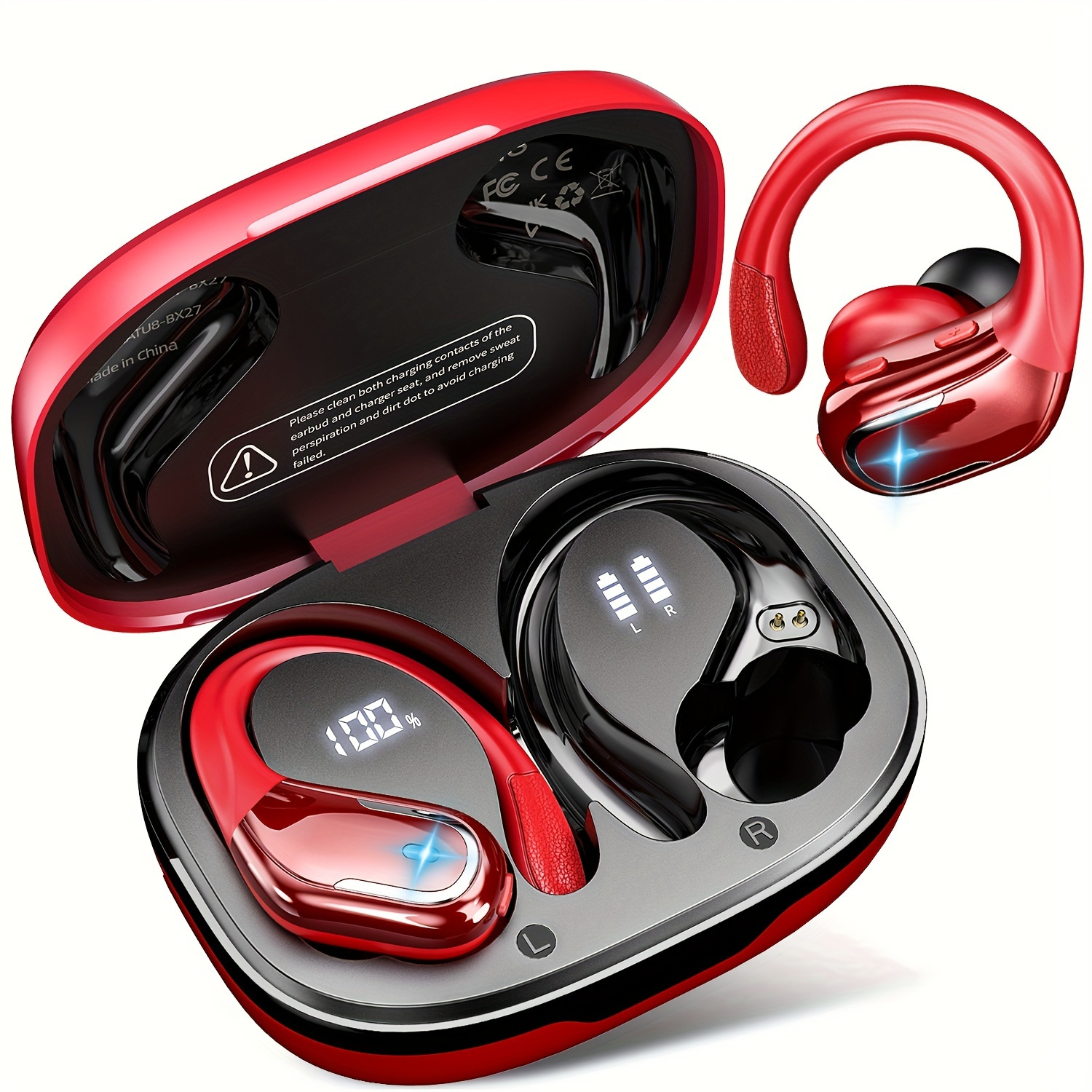 

New Wireless Earbuds For Running Sports, Wireless Earphones With Earhooks Pure Bass Sound, Over Ear Headphones With Dual-led Display, Earphones Built-in Microphone, Noise Cancelling Headset (red)