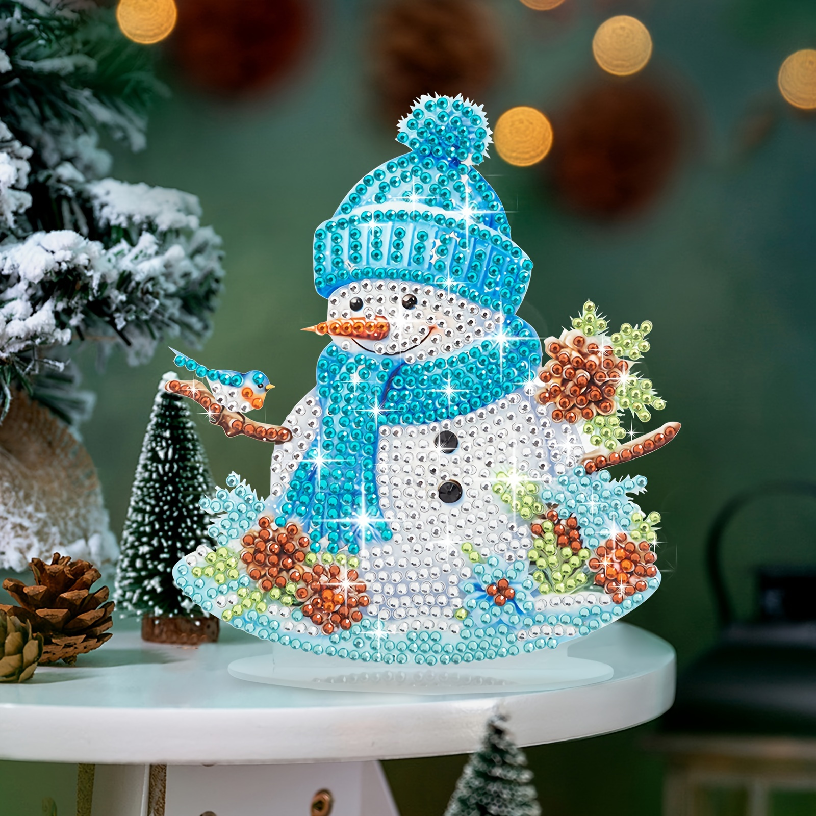 

1 Diy Sparkling Acrylic Diamond Christmas Snowman With Blue Beanie - Round Crystal Embellished Holiday Decor, Perfect Gift For Family & Friends, Party Decoration