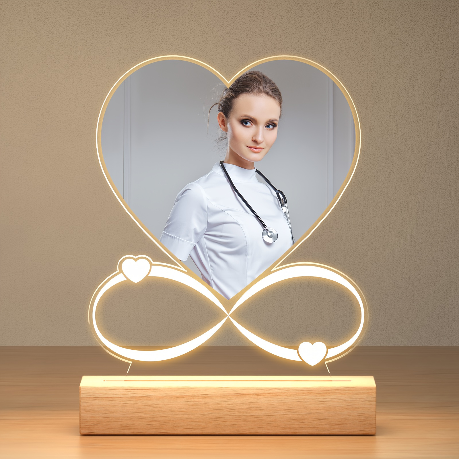

Picture Frames Personalized Custom With 3 Colors Led Light 20cm 7.87 In Acrylic Heart Plaque Wooden Stand Table Lamp Personalized Photo Frame, Mother's Day Gifts For Dad Lover Anniversary Birthday