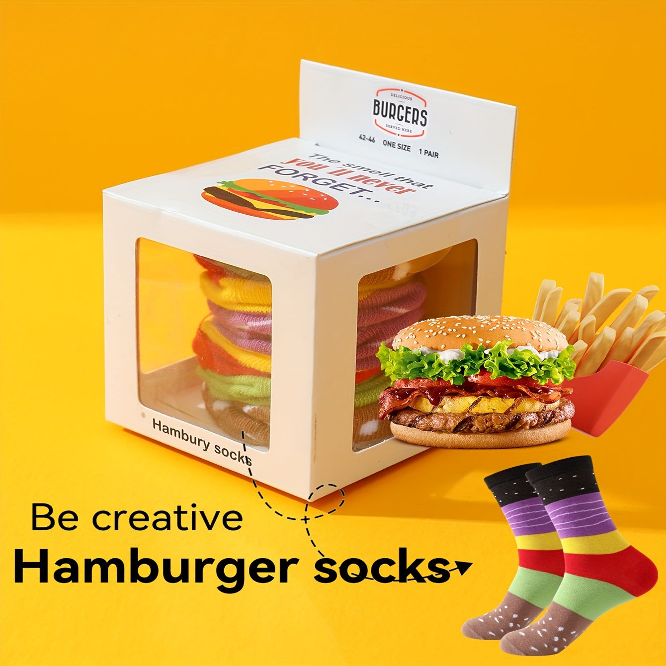 

1 Pair Of Unisex Fashion Novelty Hamburger Socks, Funny Design Men Women Gift Socks, For Outdoor Wearing & All Wearing