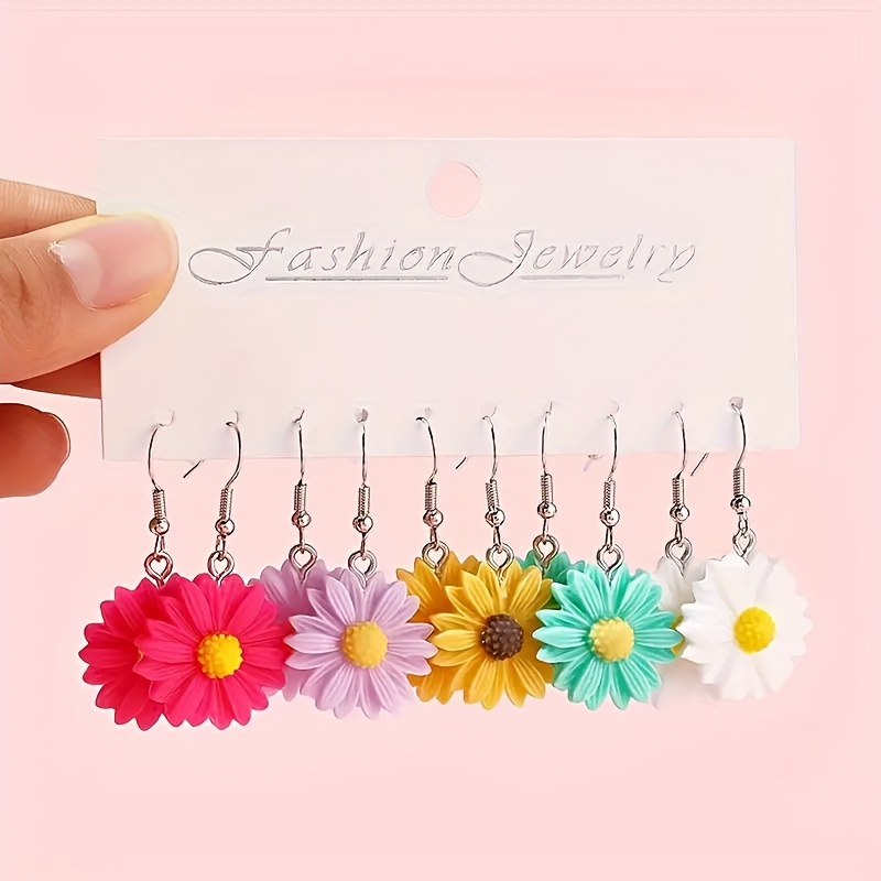 

5 Pairs Of Drop Earrings Dainty Flower Design Multi Colors For U To Match Various Outfits Party Accessories Summer Vacation Jewelry